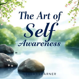 A captivating book cover for 'The Art of Self-Awareness' by Great Learner, featuring a serene watercolor illustration of a reflective lake surrounded by lush greenery and delicate blossoms