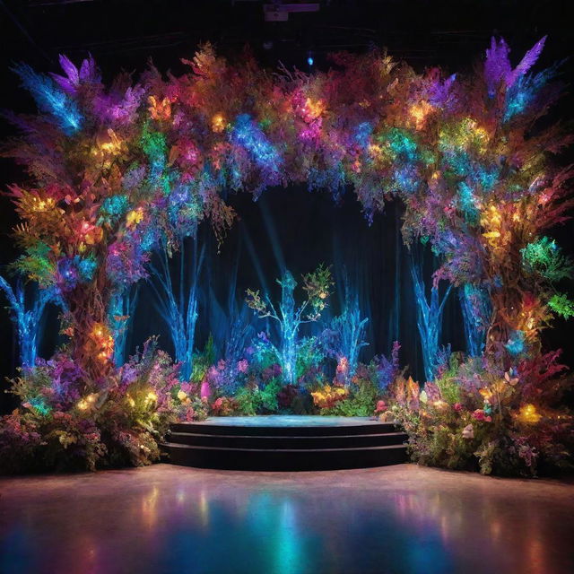 A vibrant, fantasy nature-inspired stage filled with magical lights and vivid colors, exuding a playful and enchanting aesthetic.