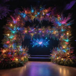 A vibrant, fantasy nature-inspired stage filled with magical lights and vivid colors, exuding a playful and enchanting aesthetic.