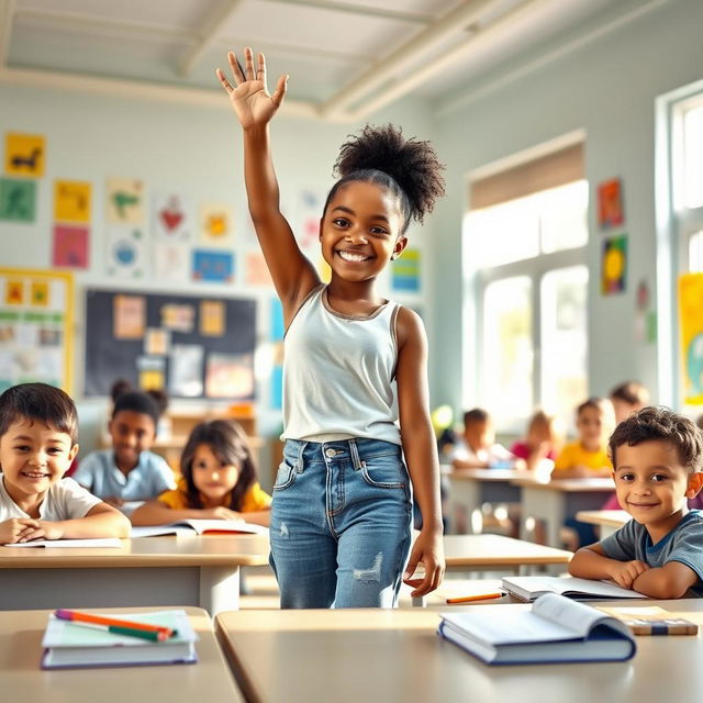 A lively school scene depicting a group of diverse children enjoying their day in a bright, colorful classroom