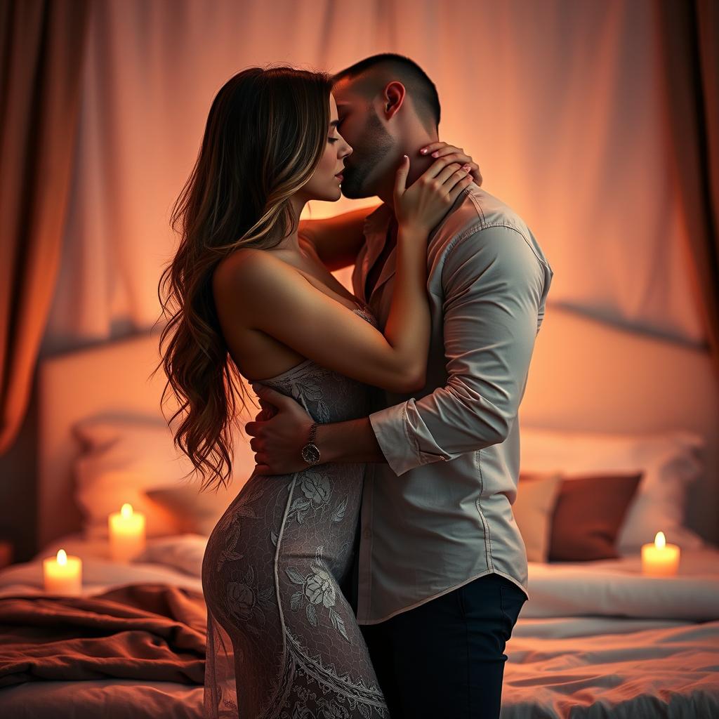 A sensual and intimate scene featuring a couple embracing in a romantic setting