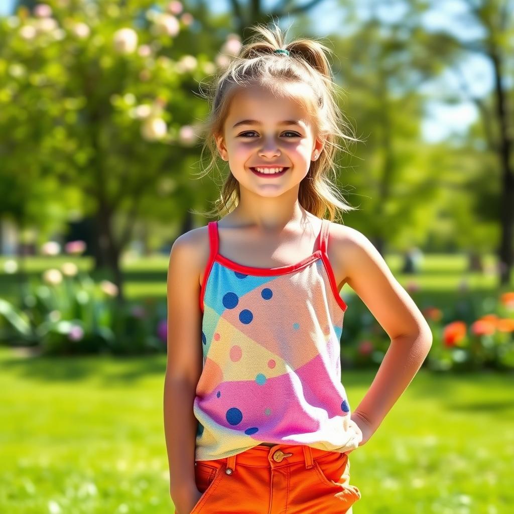 A cheerful 11-year-old girl standing confidently in a sunny park setting