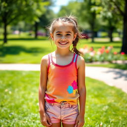 A cheerful 11-year-old girl standing confidently in a sunny park setting