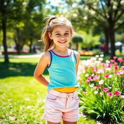 A cheerful 11-year-old girl standing confidently in a sunny park setting