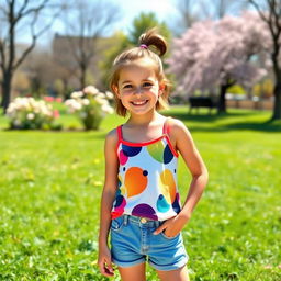 A cheerful 11-year-old girl standing confidently in a sunny park setting