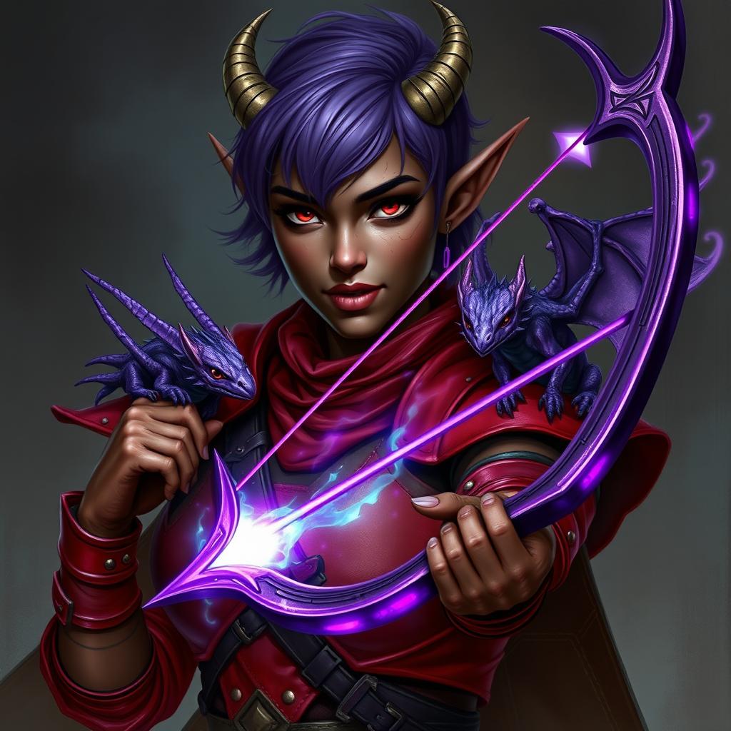 An elven warrior with short purple hair and dark skin, featuring horn-like protrusions on her head