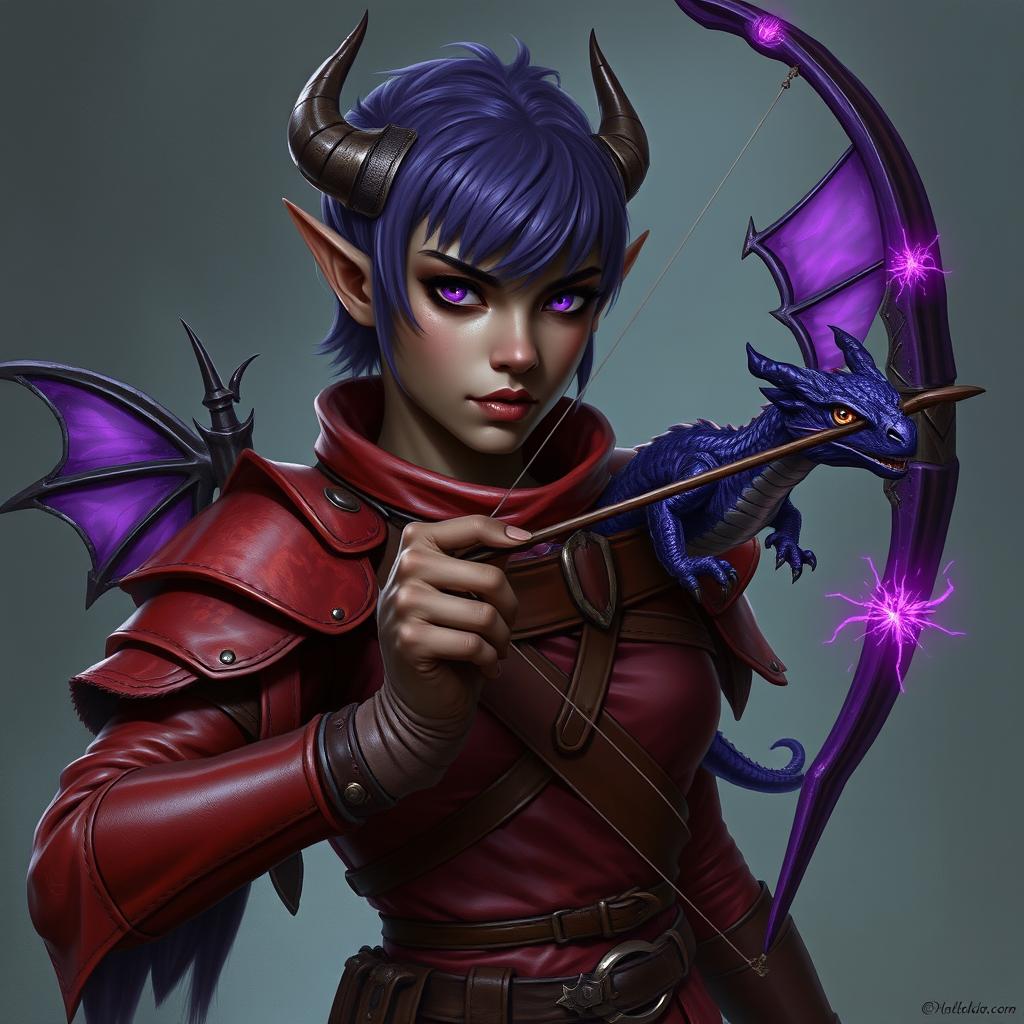 An elven warrior with short purple hair and dark skin, featuring horn-like protrusions on her head