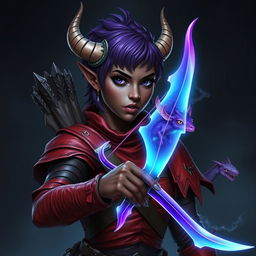 An elven warrior with short purple hair and dark skin, featuring horn-like protrusions on her head