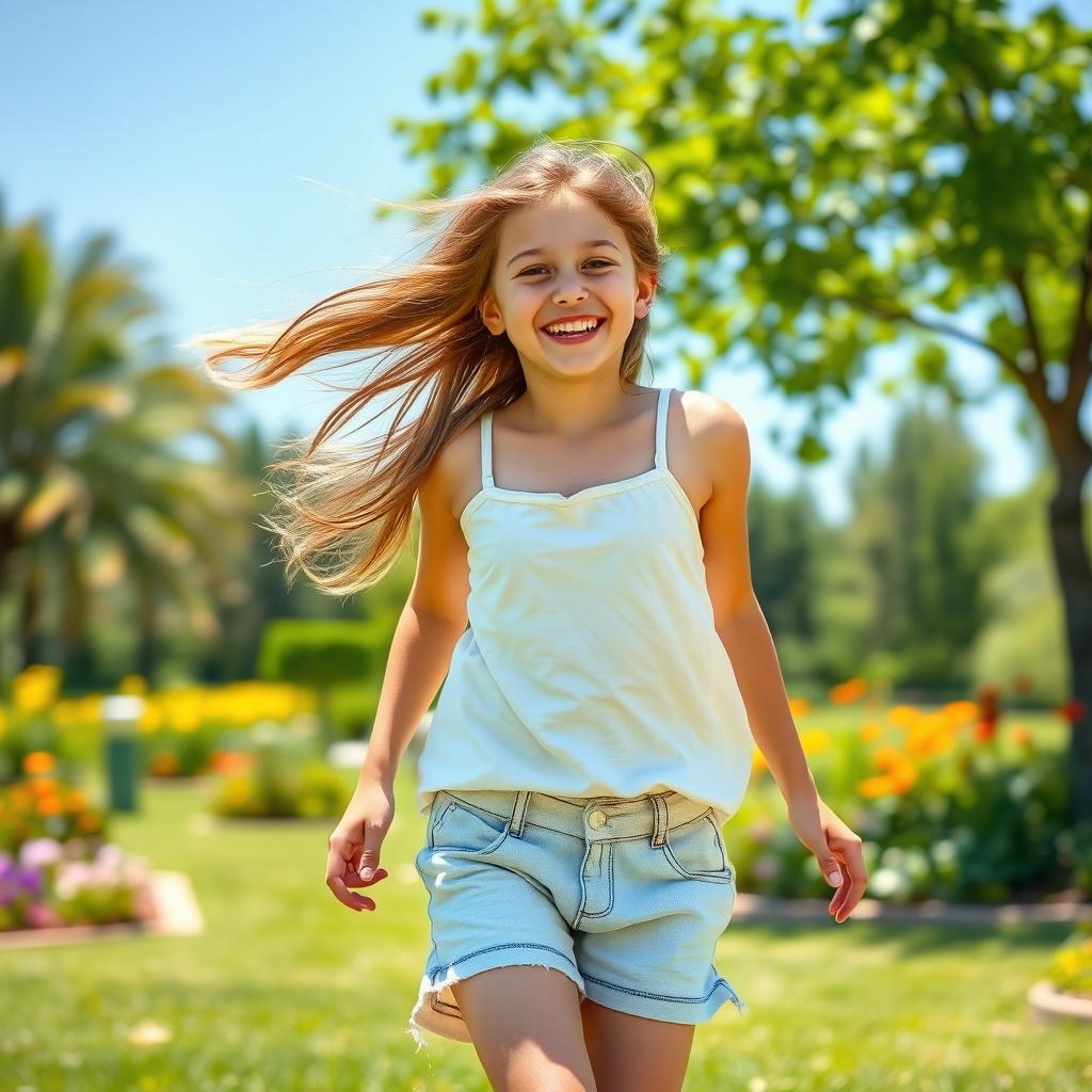 A joyful preteen girl enjoying a sunny day outdoors, wearing a comfortable and stylish camisole along with a pair of casual shorts