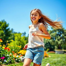 A joyful preteen girl enjoying a sunny day outdoors, wearing a comfortable and stylish camisole along with a pair of casual shorts