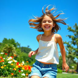 A joyful preteen girl enjoying a sunny day outdoors, wearing a comfortable and stylish camisole along with a pair of casual shorts