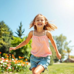 A joyful preteen girl enjoying a sunny day outdoors, wearing a comfortable and stylish camisole along with a pair of casual shorts