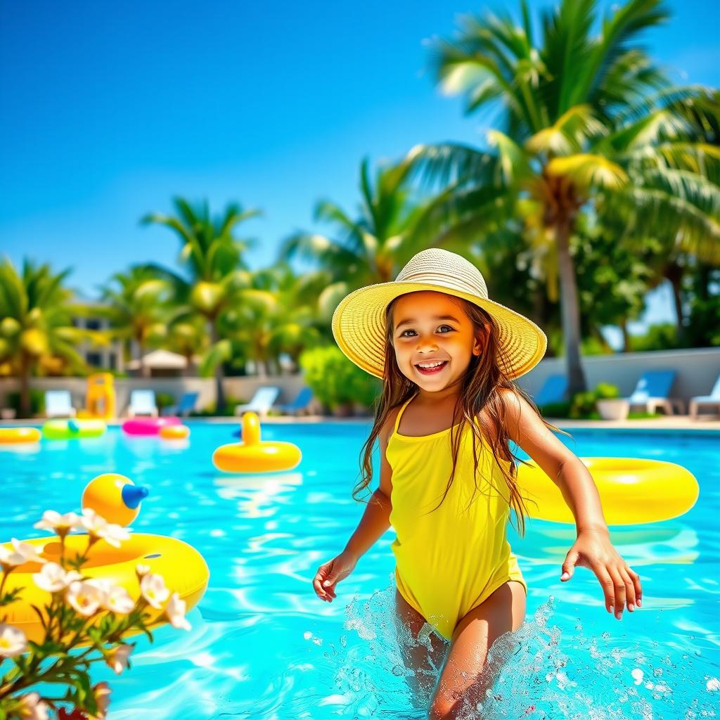 A serene poolside scene featuring vibrant blue waters under a clear sunny sky