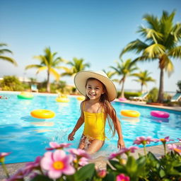 A serene poolside scene featuring vibrant blue waters under a clear sunny sky