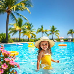 A serene poolside scene featuring vibrant blue waters under a clear sunny sky