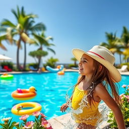 A serene poolside scene featuring vibrant blue waters under a clear sunny sky