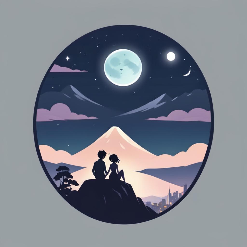 Logo with 'Good Night' in large text over a romantic anime cityscape under moonlight with two silhouettes on a hill.