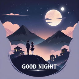 Logo with 'Good Night' in large text over a romantic anime cityscape under moonlight with two silhouettes on a hill.