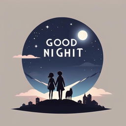 Logo with 'Good Night' in large text over a romantic anime cityscape under moonlight with two silhouettes on a hill.