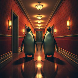 A surreal and eerie scene inspired by 'The Shining', featuring two identical penguins standing menacingly in a long, dimly lit hotel corridor