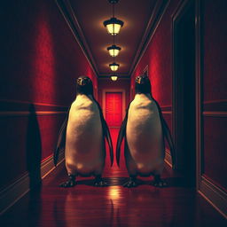 A surreal and eerie scene inspired by 'The Shining', featuring two identical penguins standing menacingly in a long, dimly lit hotel corridor