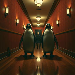 A surreal and eerie scene inspired by 'The Shining', featuring two identical penguins standing menacingly in a long, dimly lit hotel corridor