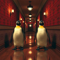 A surreal and eerie scene inspired by 'The Shining', featuring two identical penguins standing menacingly in a long, dimly lit hotel corridor