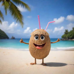 A whimsical image of a coconut character offering a straw, inviting you to drink its refreshing juice, against a backdrop of a beautiful sandy beach.