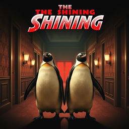 A movie poster inspired by 'The Shining', creatively reimagined with two identical penguins instead of twins