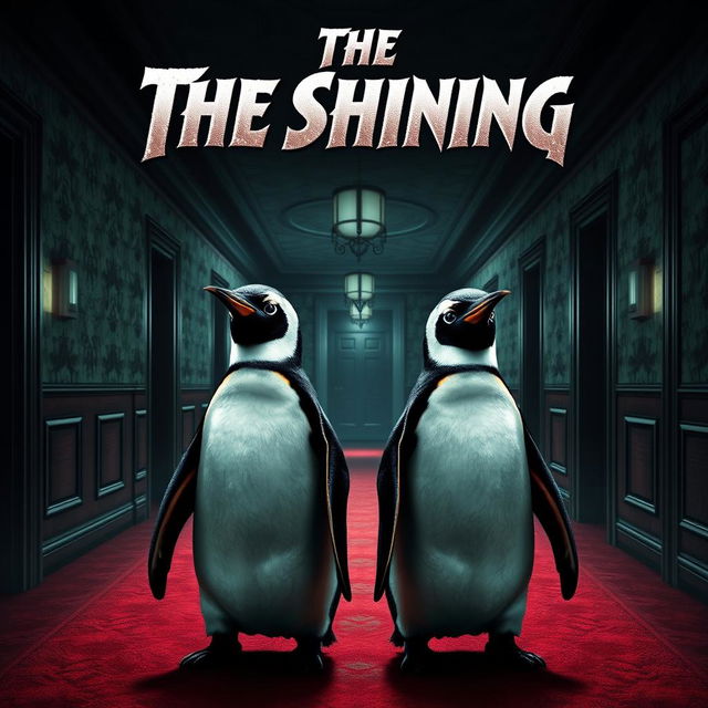 A movie poster inspired by 'The Shining', creatively reimagined with two identical penguins instead of twins