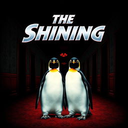 A movie poster inspired by 'The Shining', creatively reimagined with two identical penguins instead of twins