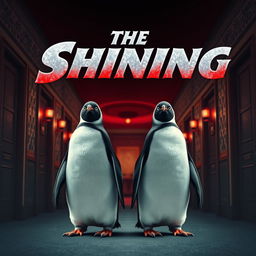 A movie poster inspired by 'The Shining', creatively reimagined with two identical penguins instead of twins