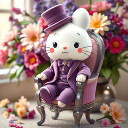 Cinnamoroll, the adorable Sanrio character, dressed in a stylish Victorian era purple suit complete with a matching top hat