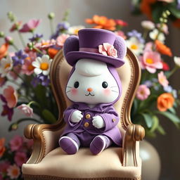 Cinnamoroll, the adorable Sanrio character, dressed in a stylish Victorian era purple suit complete with a matching top hat