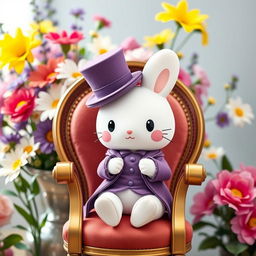 Cinnamoroll, the adorable Sanrio character, dressed in a stylish Victorian era purple suit complete with a matching top hat