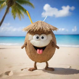 A whimsical image of a coconut character offering a straw, inviting you to drink its refreshing juice, against a backdrop of a beautiful sandy beach.