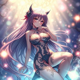 An enchanting NSFW anime scene featuring a seductive character with long flowing hair and captivating eyes