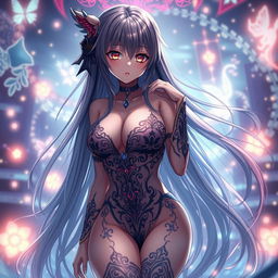 An enchanting NSFW anime scene featuring a seductive character with long flowing hair and captivating eyes