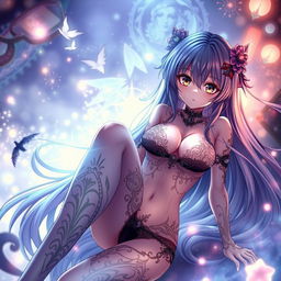 An enchanting NSFW anime scene featuring a seductive character with long flowing hair and captivating eyes