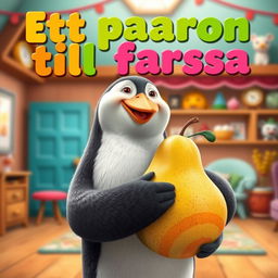 A playful movie poster inspired by 'Ett päron till farsa', featuring a whimsical penguin as the central character