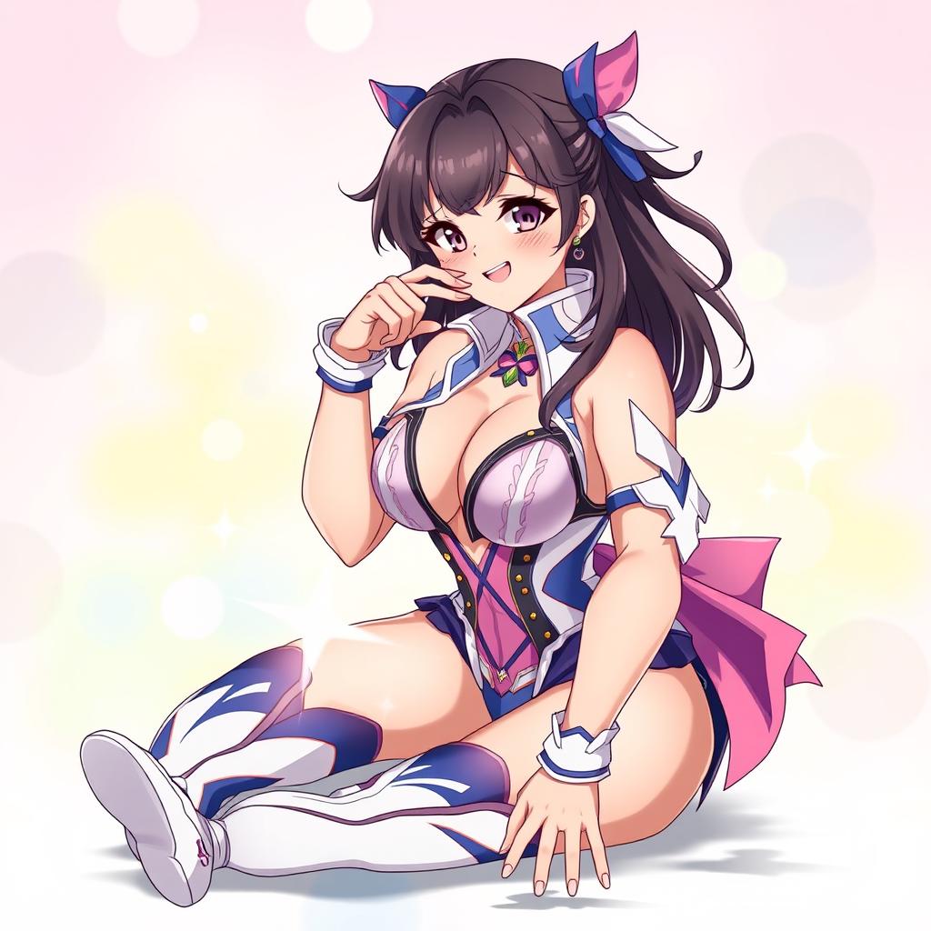 A vibrant anime-style illustration featuring a curvy female character in a revealing cosplay outfit, exuding confidence and dominance