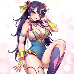 A vibrant anime-style illustration featuring a curvy female character in a revealing cosplay outfit, exuding confidence and dominance