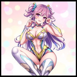 A vibrant anime-style illustration featuring a curvy female character in a revealing cosplay outfit, exuding confidence and dominance