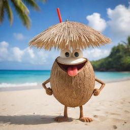 A whimsical image of a coconut character offering a straw, inviting you to drink its refreshing juice, against a backdrop of a beautiful sandy beach.