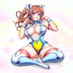 A vibrant anime-style illustration featuring a curvy female character in a revealing cosplay outfit, exuding confidence and dominance