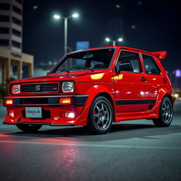 A vibrant red 1980 Seat Panda car, showcasing a dynamic body kit that enhances its sporty profile