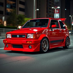 A vibrant red 1980 Seat Panda car, showcasing a dynamic body kit that enhances its sporty profile