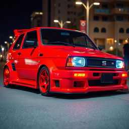 A vibrant red 1980 Seat Panda car, showcasing a dynamic body kit that enhances its sporty profile