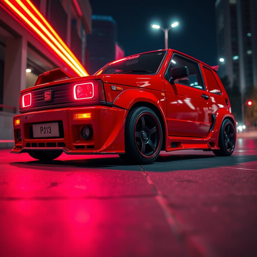 A vibrant red 1980 Seat Panda car, showcasing a dynamic body kit that enhances its sporty profile