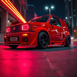 A vibrant red 1980 Seat Panda car, showcasing a dynamic body kit that enhances its sporty profile